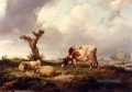 eine Kuh mit Schaf In A Landschaft Bauernhof Tiere Rinder Thomas Sidney Cooper